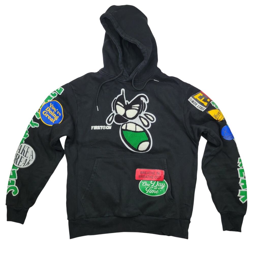 FIRST ROW Spring Break All Over Multi-patch Hoodie Black Chenille Embroider Sz S